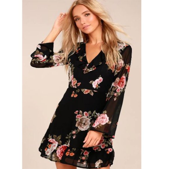 Lulus Dresses & Skirts - Lulu's Black Long Sleeve Floral Print Dress